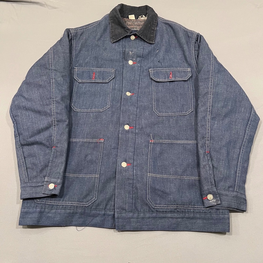 Vintage 70s Denim Chore Coat Blanket Lined Corduroy Collar \ Work Jacket L